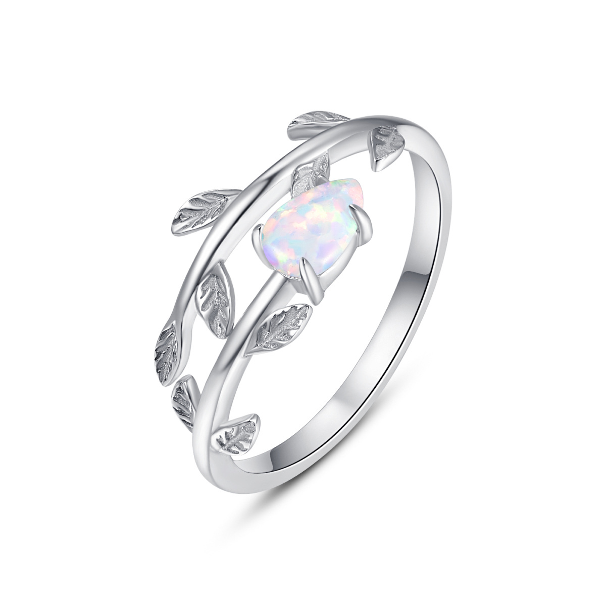 Sterling Silver Pear Shaped Opal Leaves Open Ring-1