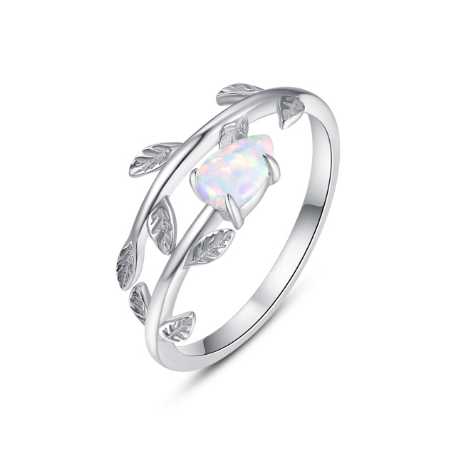 Sterling Silver Pear Shaped Opal Leaves Open Ring-4