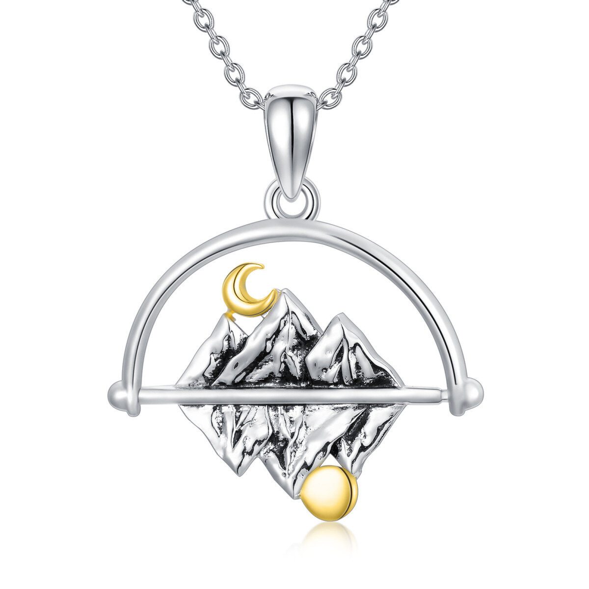 Sterling Silver Two-tone Moon & Mountains Pendant Necklace-1