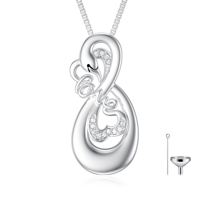 Sterling Silver Circular Shaped Cubic Zirconia Swan Urn Necklace for Ashes with Engraved Word