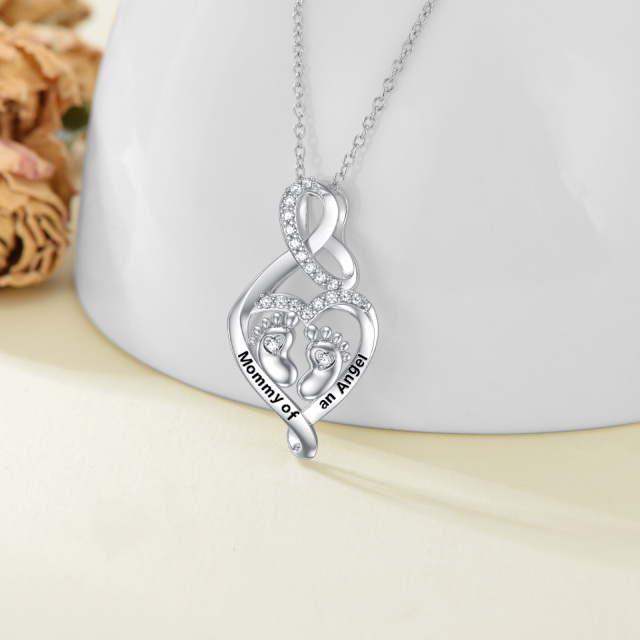Sterling Silver Circular Shaped Cubic Zirconia Feet & Heart Pendant Necklace with Engraved Word-3