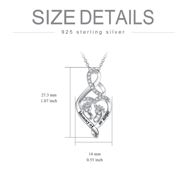 Sterling Silver Circular Shaped Cubic Zirconia Feet & Heart Pendant Necklace with Engraved Word-5