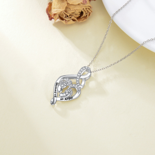 Sterling Silver Circular Shaped Cubic Zirconia Feet & Heart Pendant Necklace with Engraved Word-4