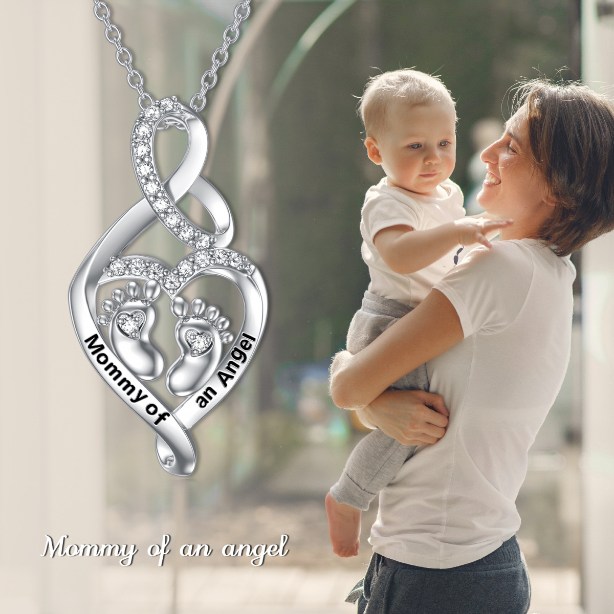 Sterling Silver Circular Shaped Cubic Zirconia Feet & Heart Pendant Necklace with Engraved Word-6