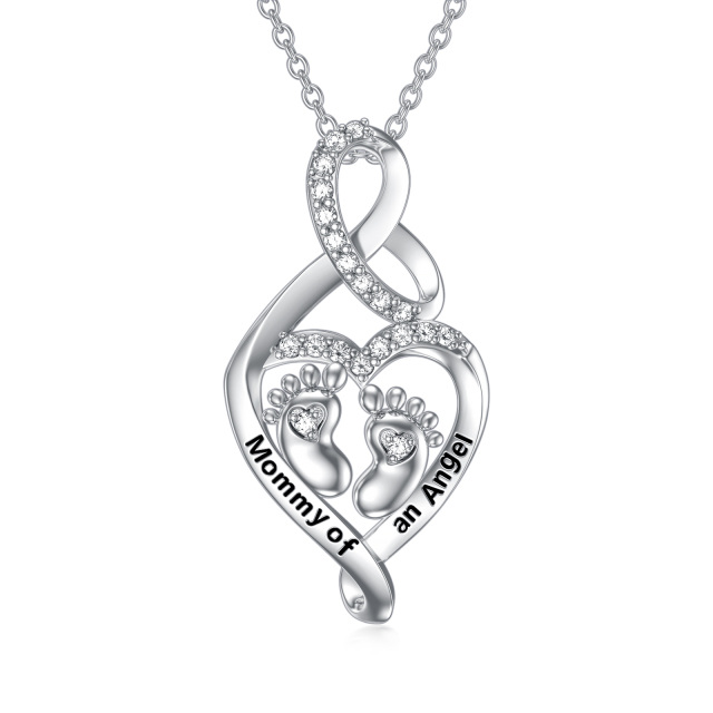 Sterling Silver Circular Shaped Cubic Zirconia Feet & Heart Pendant Necklace with Engraved Word-0