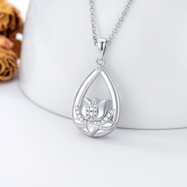 Sterling Silver Circular Shaped Cubic Zirconia Lotus Urn Necklace for Ashes-3