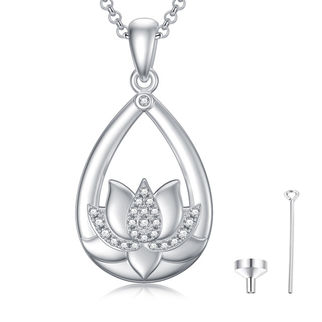 Sterling Silver Circular Shaped Cubic Zirconia Lotus Urn Necklace for Ashes-1