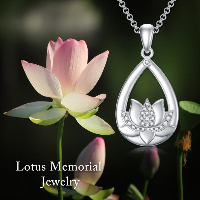 Sterling Silver Circular Shaped Cubic Zirconia Lotus Urn Necklace for Ashes-6