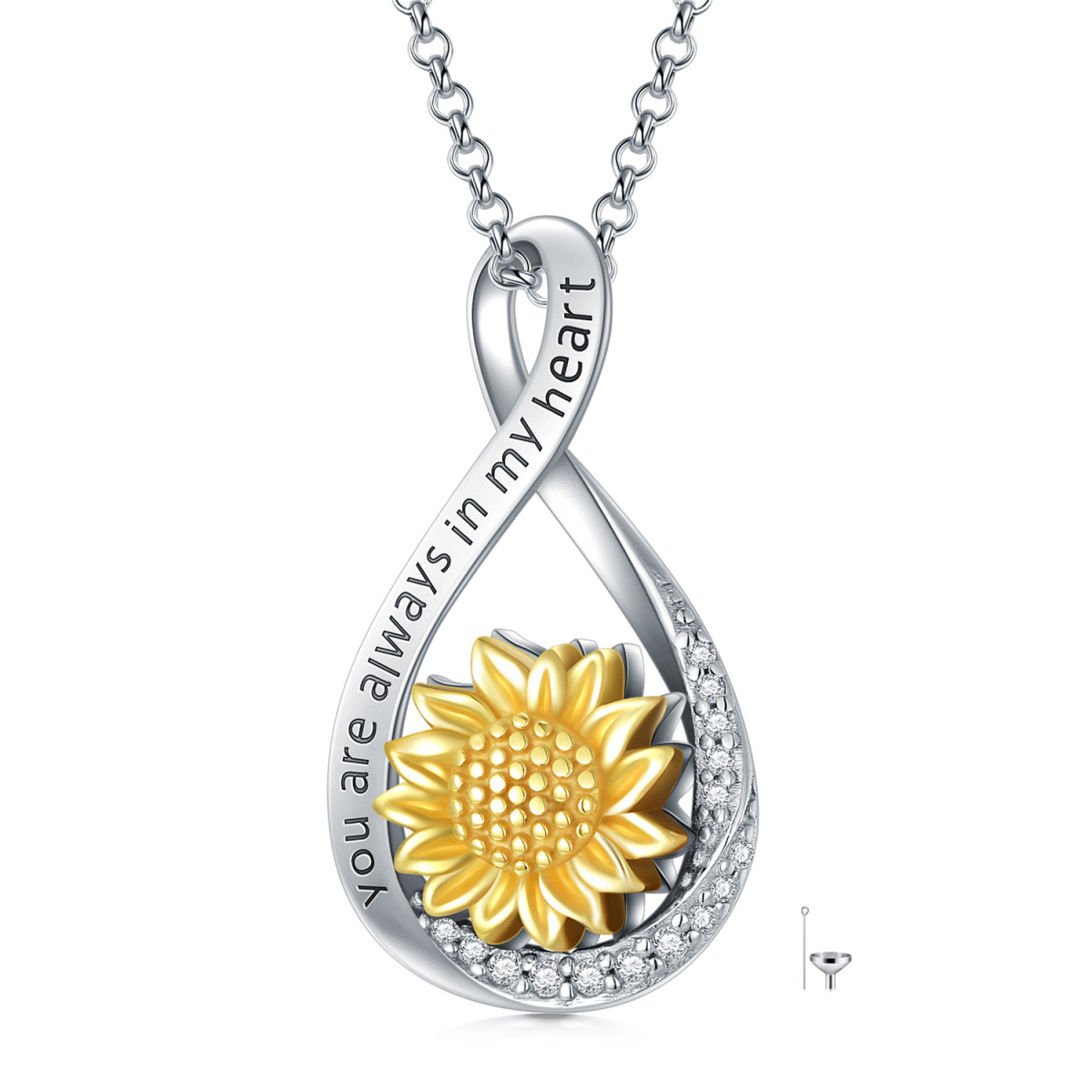 Sterling Silver Two-tone Cubic Zirconia Sunflower & Infinity Symbol Urn Necklace for Ashes with Engraved Word-1