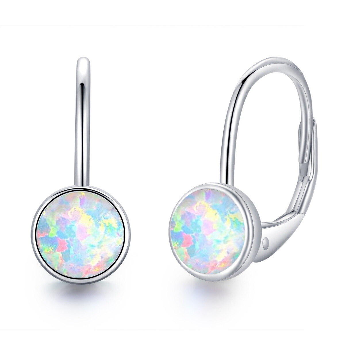 Sterling Silver Circular Shaped Opal Round Lever-back Earrings-1