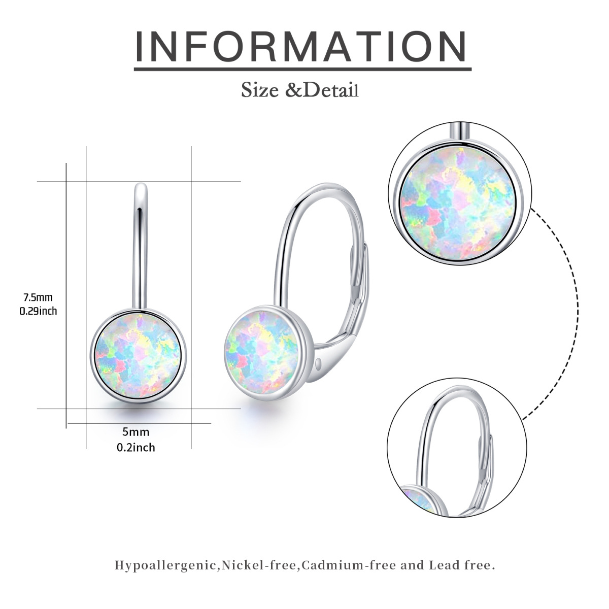 Pendientes redondos de plata de ley con forma circular y ópalo-5