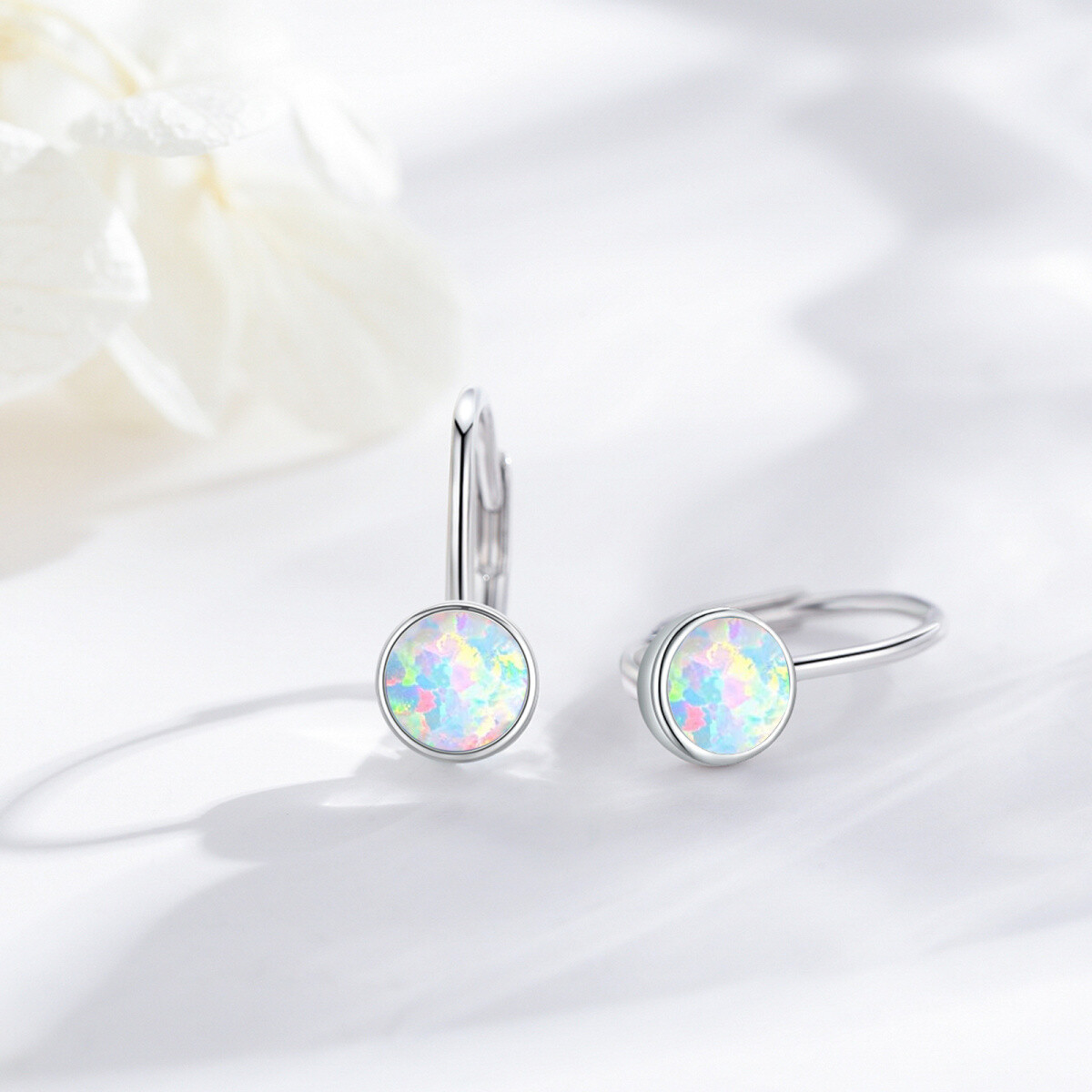 Sterling Silver Circular Shaped Opal Round Lever-back Earrings-3