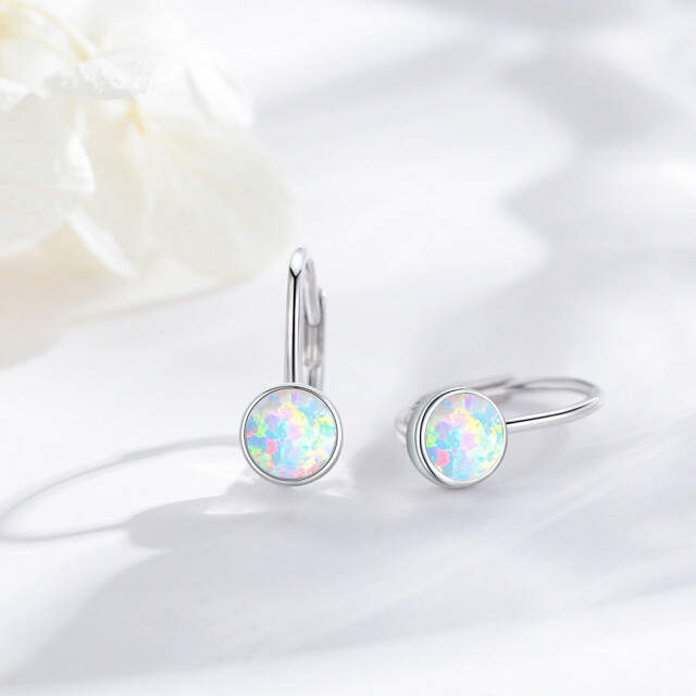 Sterling Silver Circular Shaped Opal Round Lever-back Earrings-3