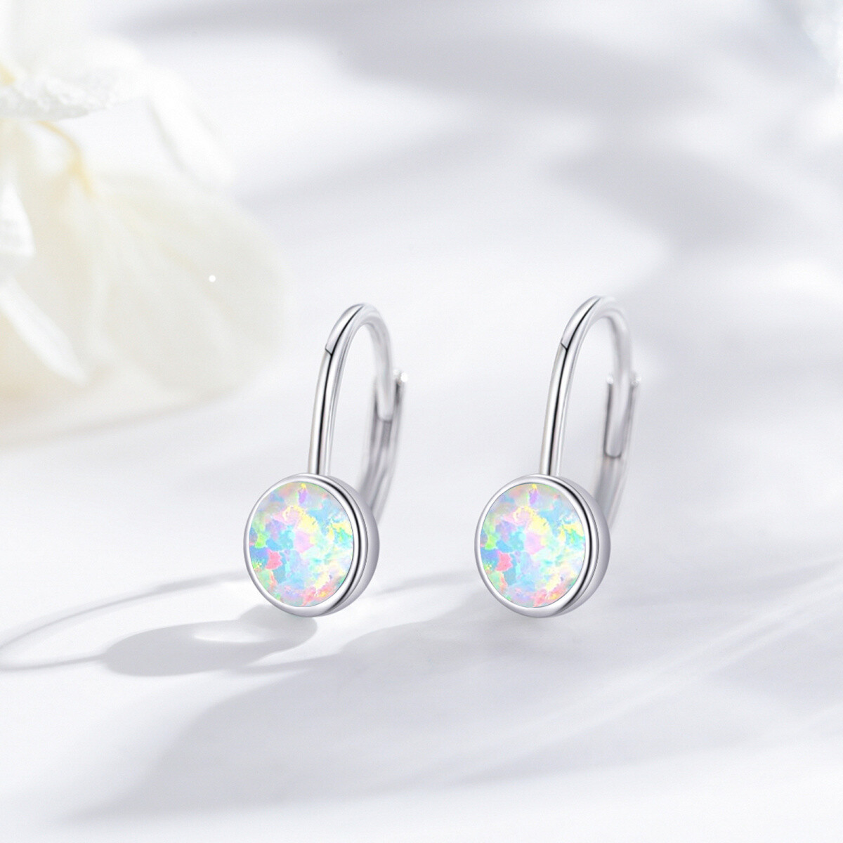 Sterling Silver Circular Shaped Opal Round Lever-back Earrings-4