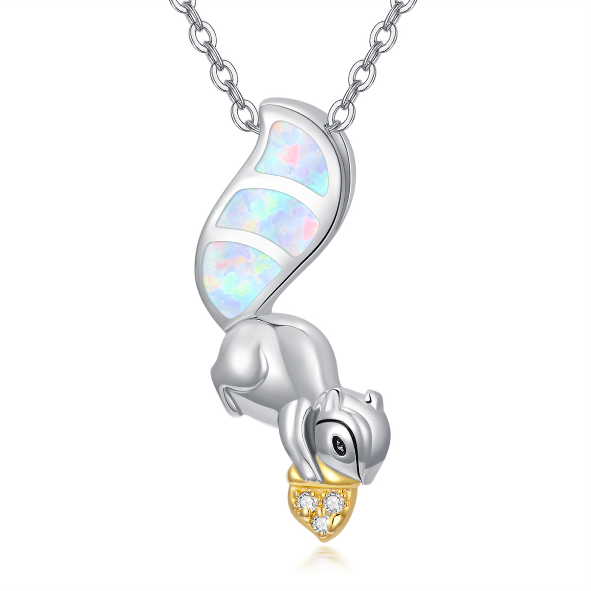 Sterling Silver Opal Squirrel Pendant Necklace-1