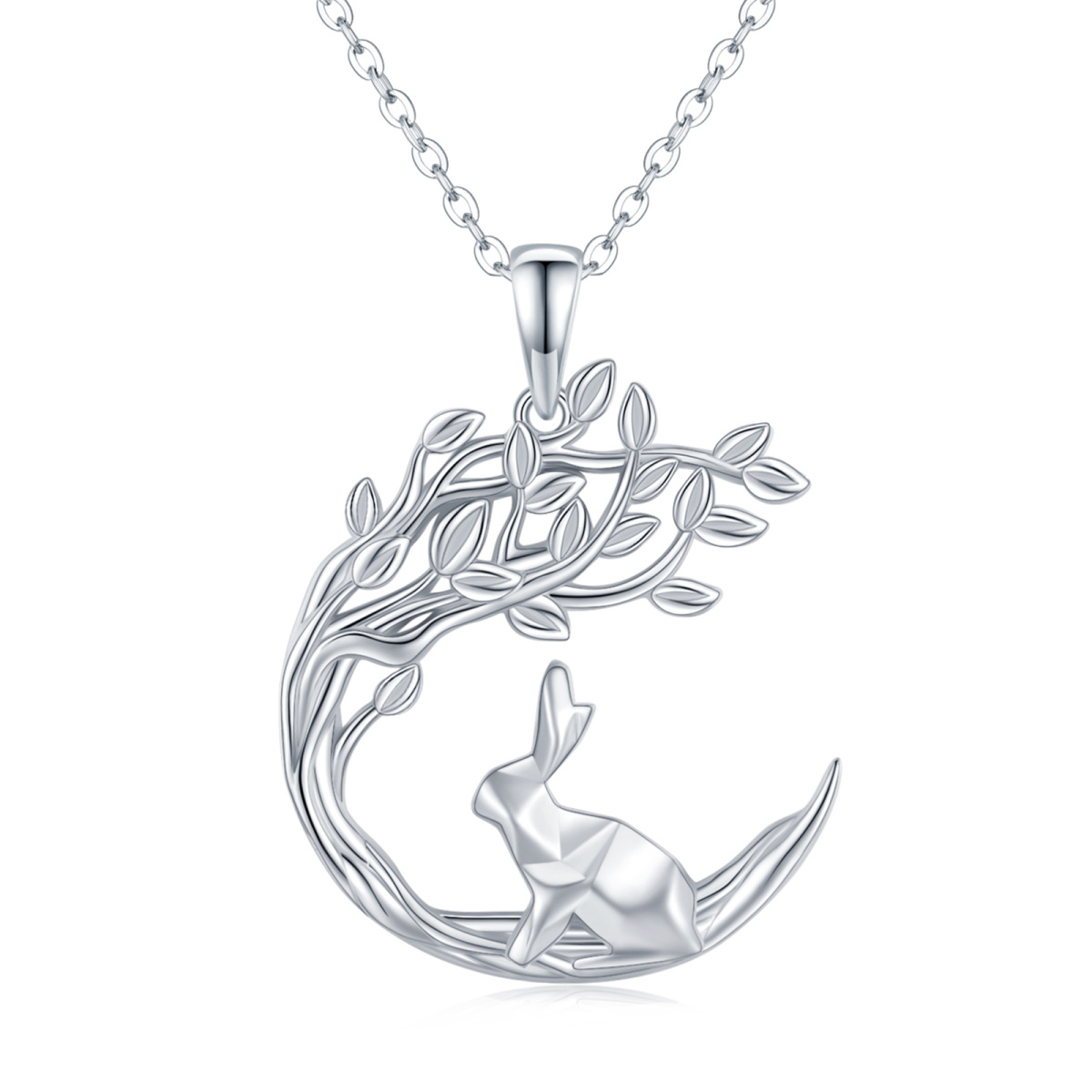 Sterling Silver Rabbit & Moon Pendant Necklace-1