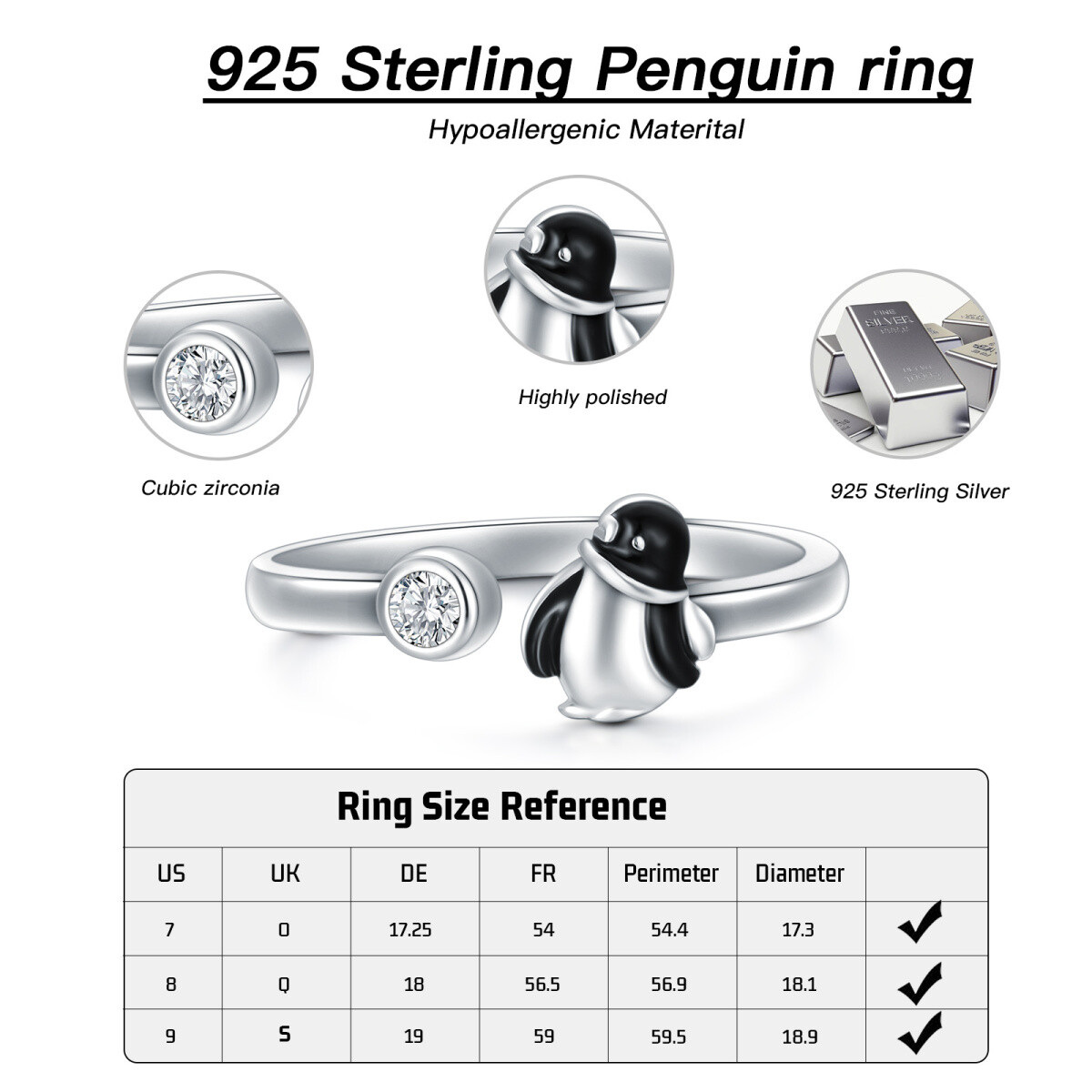 Sterling Silver Zircon Penguin Open Ring-3