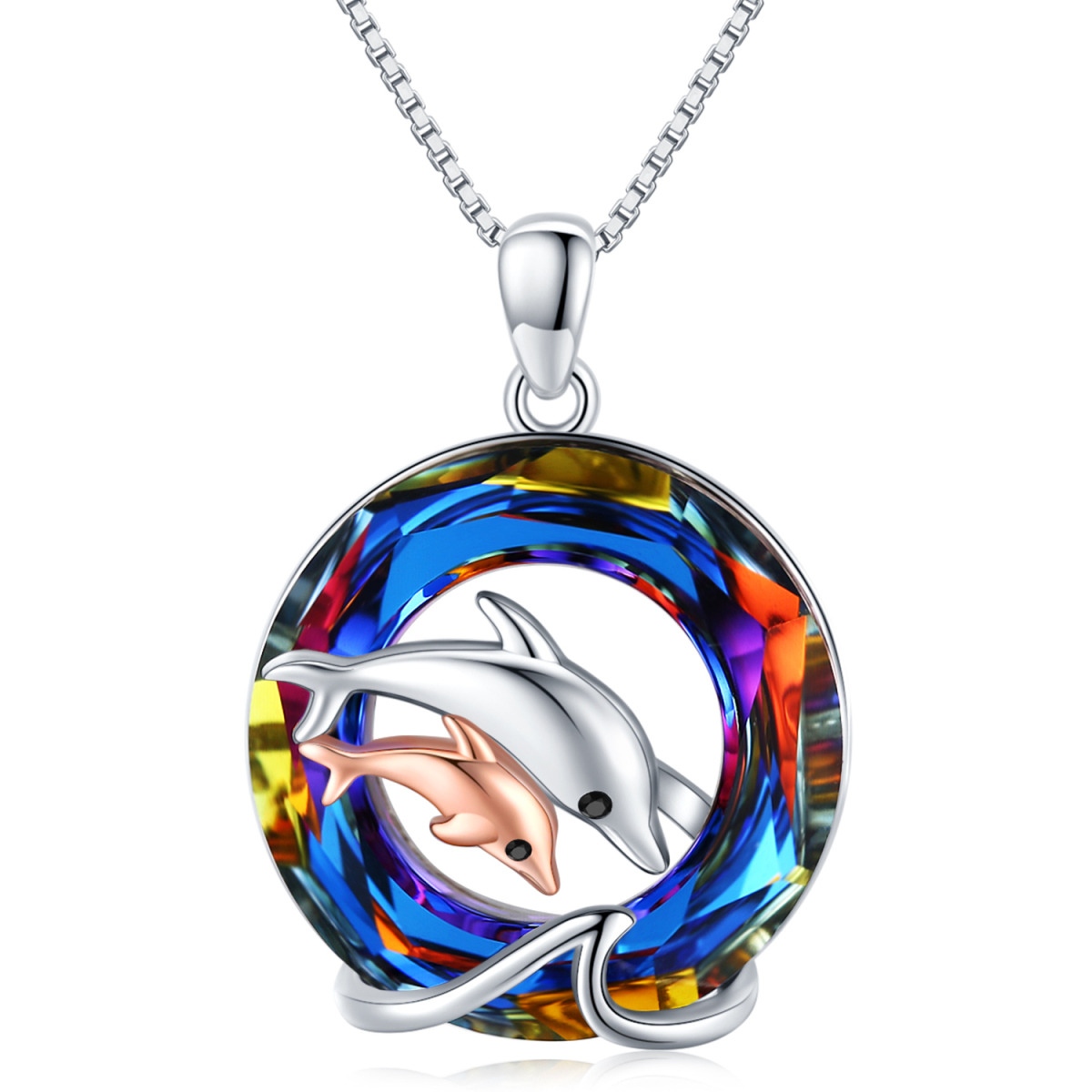 Sterling Silver Two-tone Dolphin Crystal Pendant Necklace-1