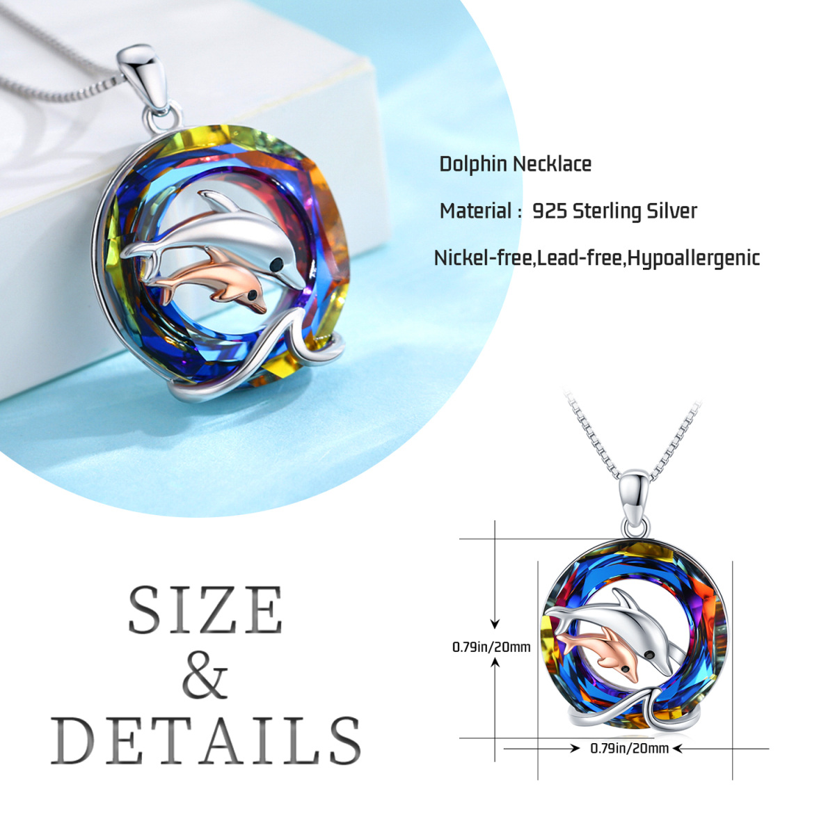 Zweifarbige Halskette mit Delphin-Kristall-Anhänger aus Sterlingsilber-4