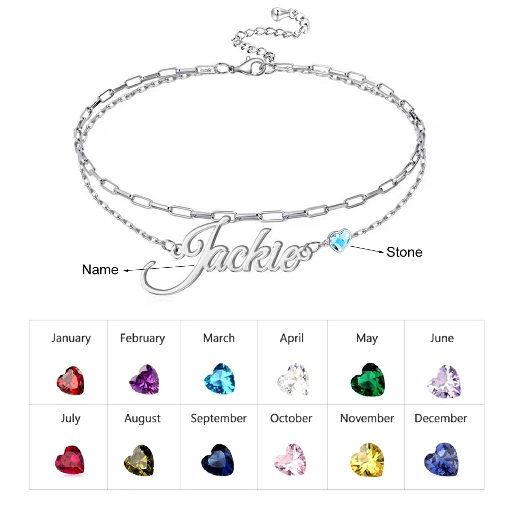 Sterling Silver Heart Shaped Cubic Zirconia Personalized Birthstone & Personalized Engraving Multi-layered Chain Anklet-4