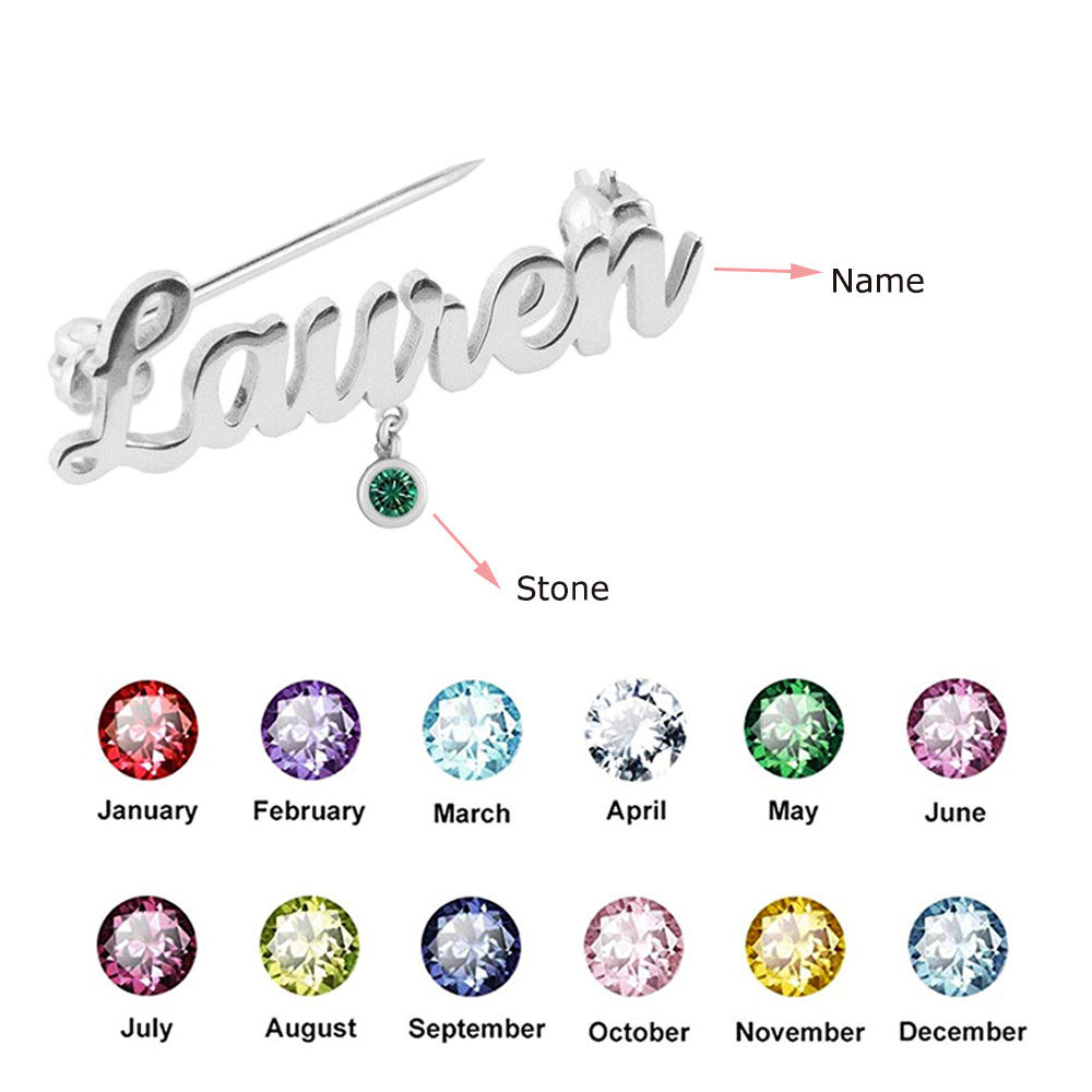 Personalized Name And Birthstone Brooch Pins 925 Sterling Silver-3
