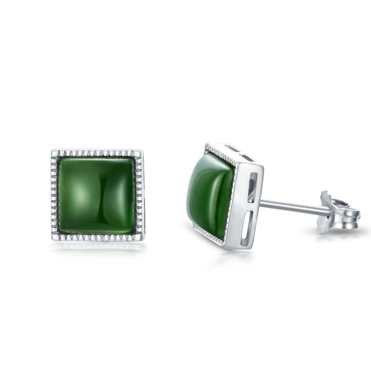 Sterling Silver Princess-square Shaped Jade Square Stud Earrings-1