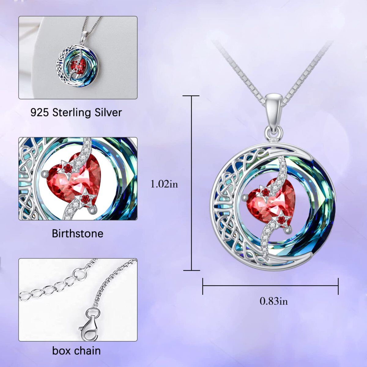 Sterling Silber kreisförmige keltische Knoten Herz Mond Stern Kristall Anhänger Halskette-4