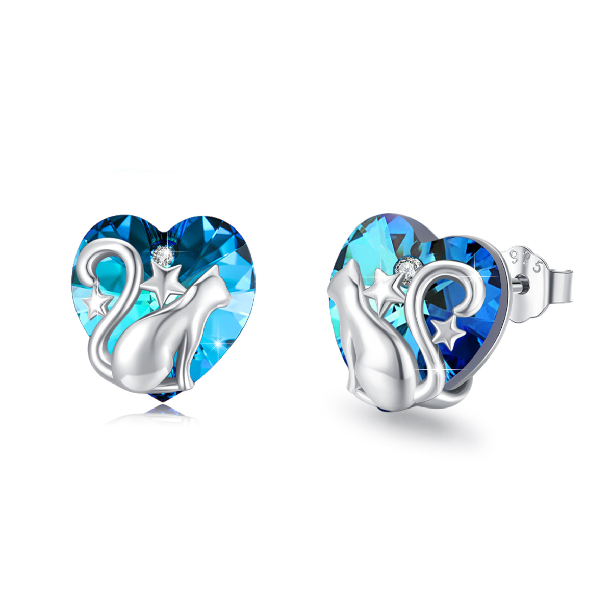 Sterling Silver Heart Crystal Cat & Heart Stud Earrings-1