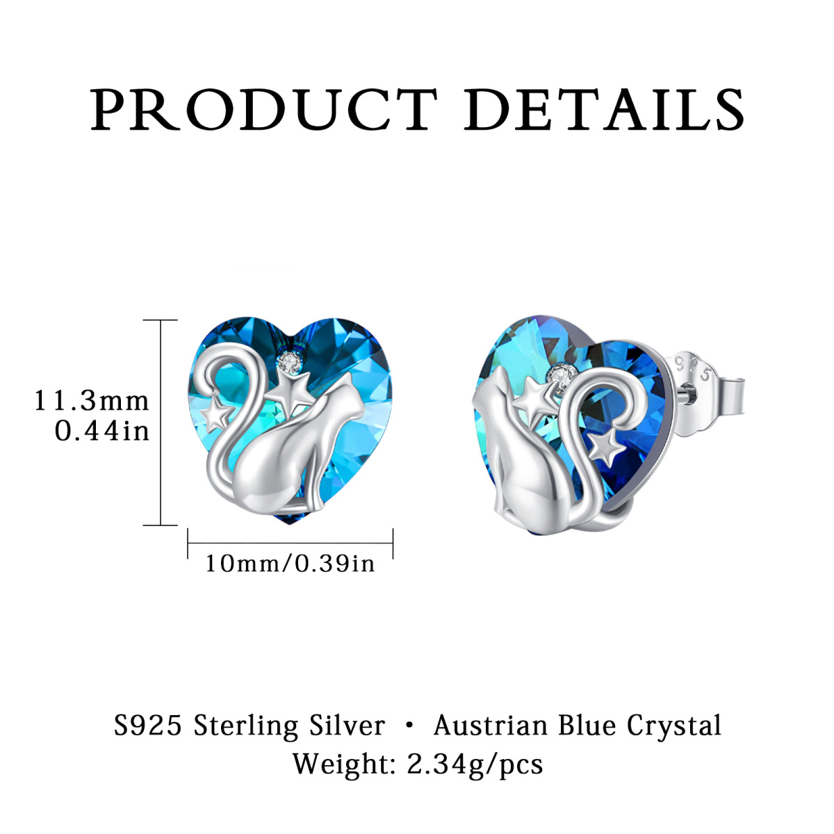 Boucles d'oreilles en argent sterling avec chat et cœur en cristal-5