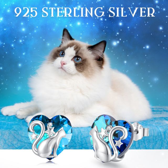 Boucles d'oreilles en argent sterling avec chat et cœur en cristal-3
