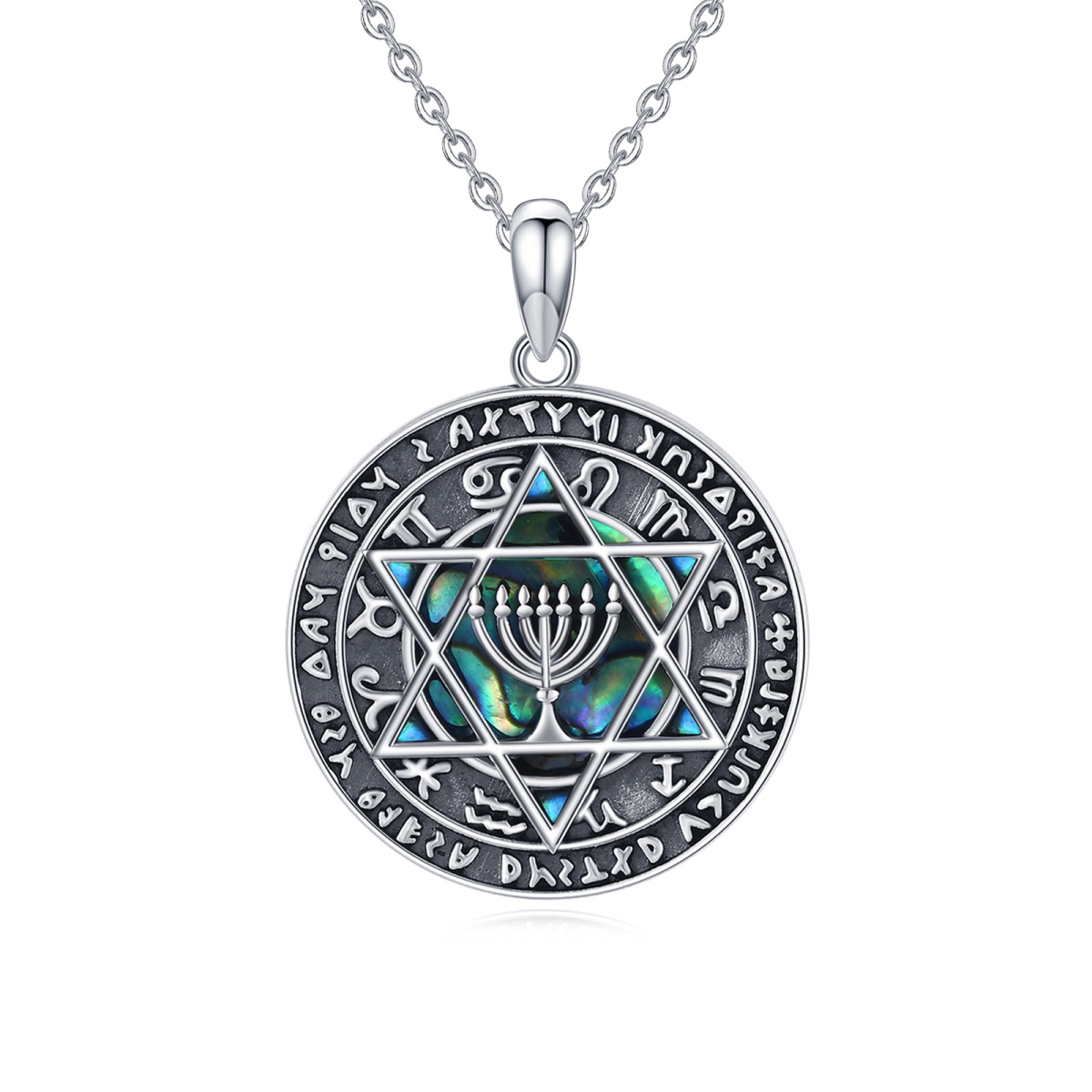 Collar colgante de plata de ley con forma circular de concha de abulón Menorah y estrella-1
