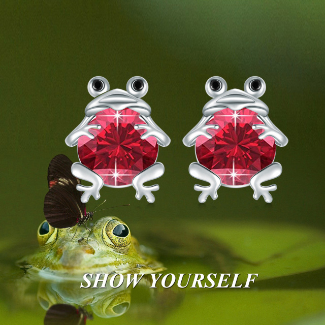 Sterling Silver Circular Shaped Garnet Frog Stud Earrings-5