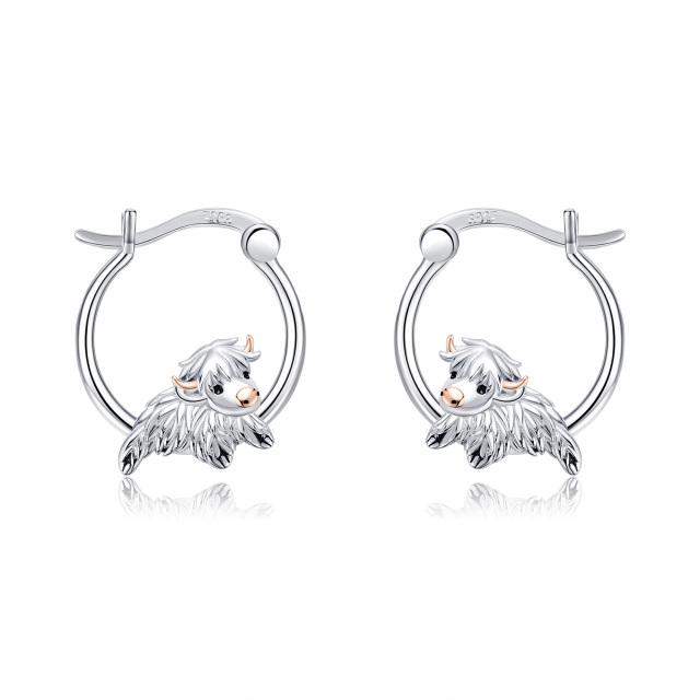 Sterling Silver Two-tone Highland Cow Hoop Earrings-1