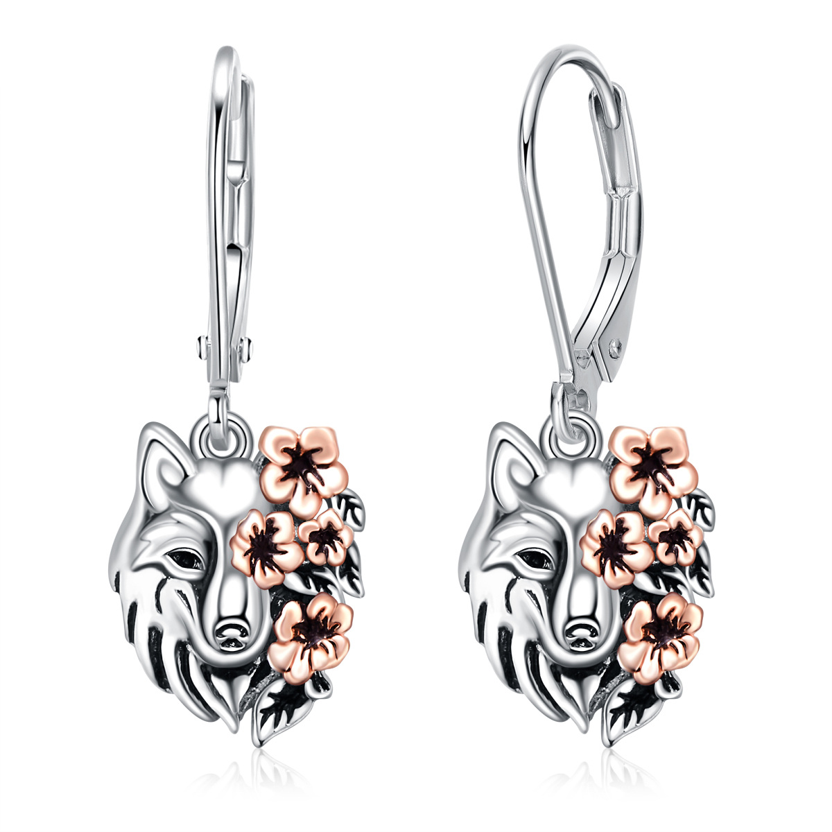 Sterling Silver Two-tone Wolf Lever-back Earrings-1