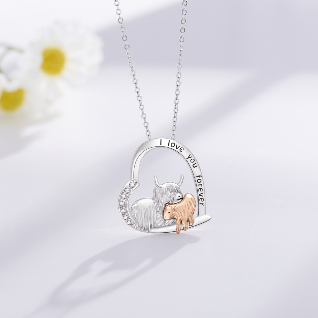 Sterling Silver Two-tone Cubic Zirconia Highland Cow & Sheep Heart Pendant Necklace-2