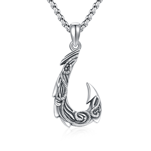 Sterling Silver Fish Hook Pendant Necklace for Men-2