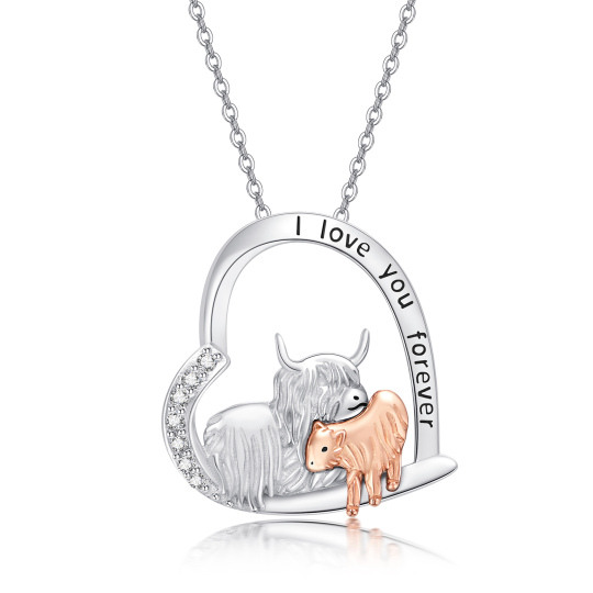 Sterling Silver Two-tone Cubic Zirconia Highland Cow & Sheep Heart Pendant Necklace