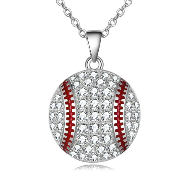 Sterling Silver Circular Shaped Cubic Zirconia Baseball Pendant Necklace-2