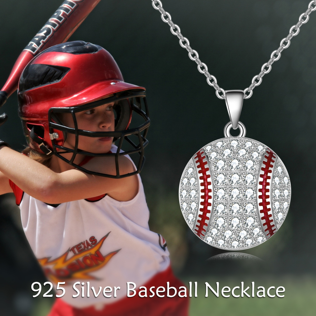 Sterling Silver Circular Shaped Cubic Zirconia Baseball Pendant Necklace-6
