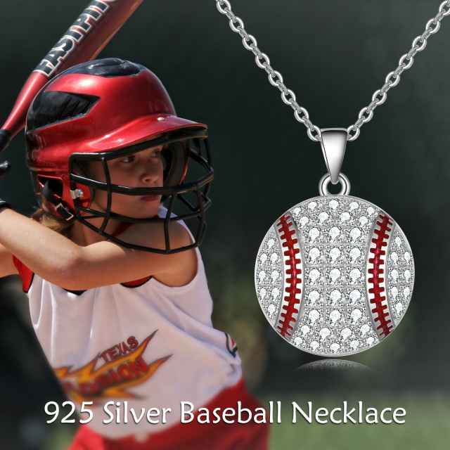 Sterling Silver Circular Shaped Cubic Zirconia Baseball Pendant Necklace-5