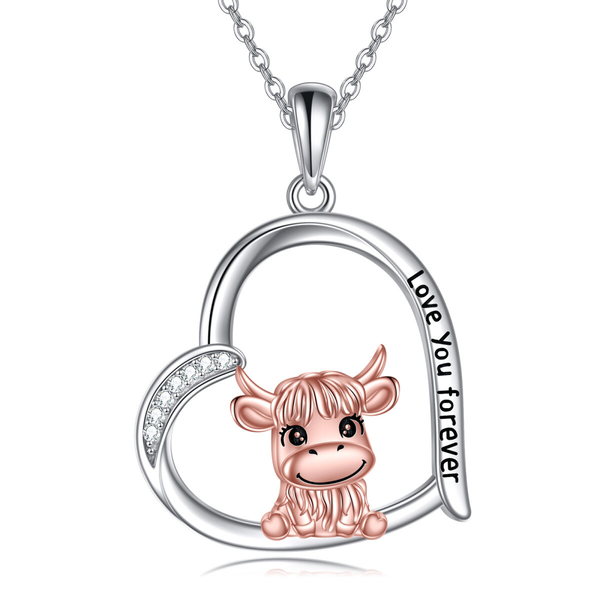 Sterling Silver Two-tone Baby Highland Cow Heart Pendant Necklace with Engraved Word-1