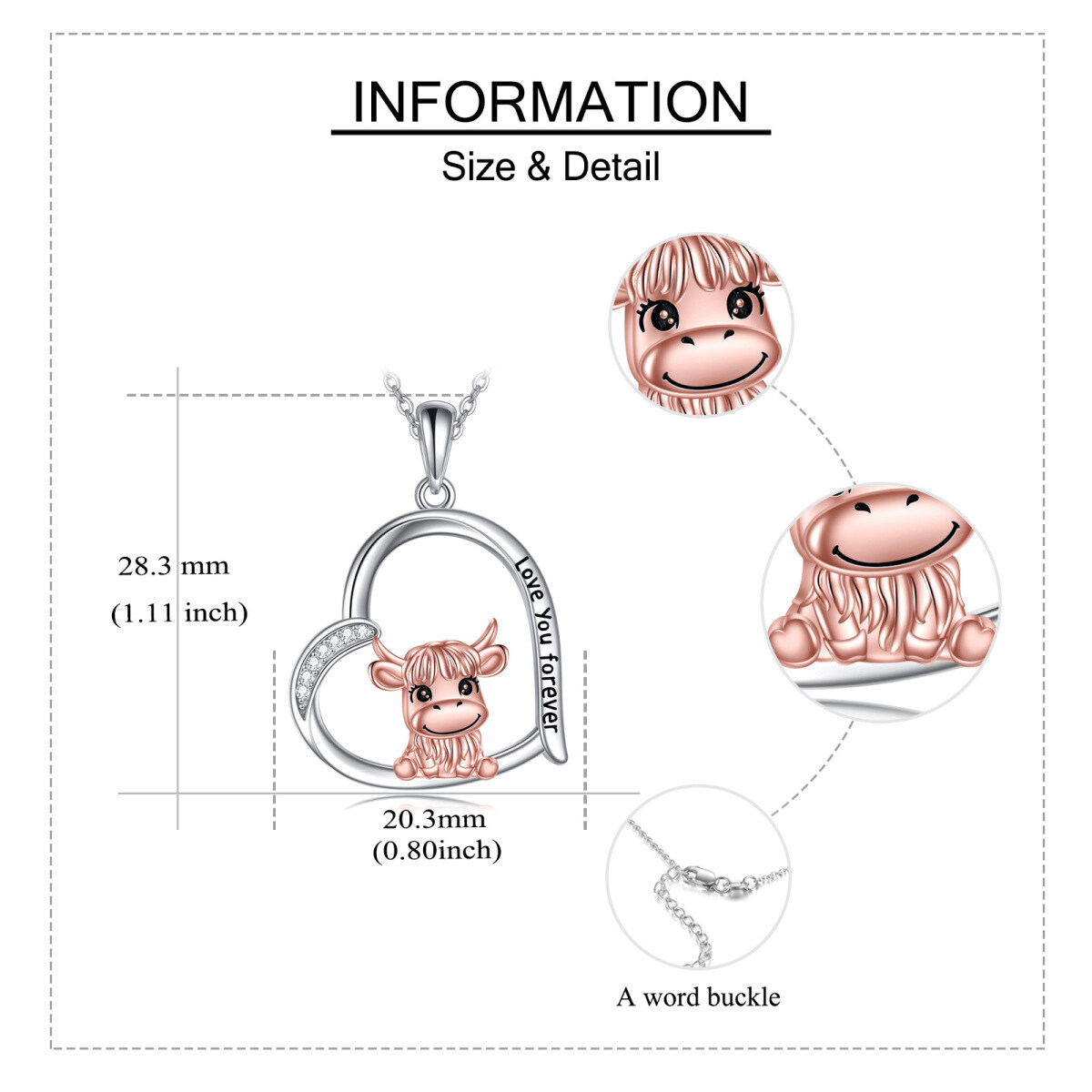 Sterling Silber zweifarbig Baby Hochland Kuh Herz Anhänger Halskette mit eingraviertem Wort-6