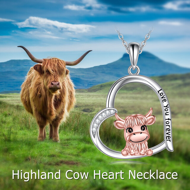 Plata de ley de dos tonos bebé Highland Vaca Colgante Collar Corazón con la palabra grabada-2