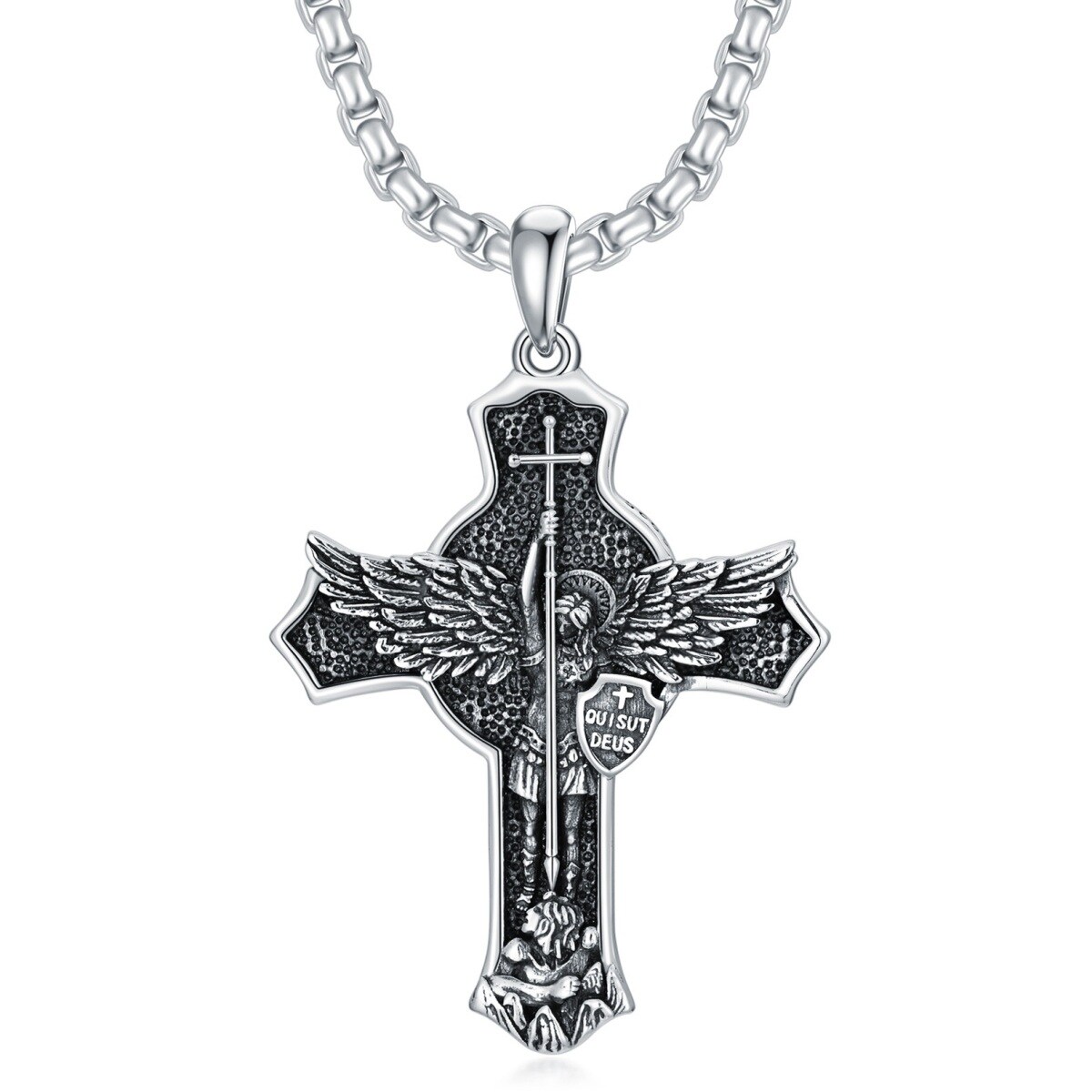 Sterling Silver Saint Michael & Shield Pendant Necklace for Men-1