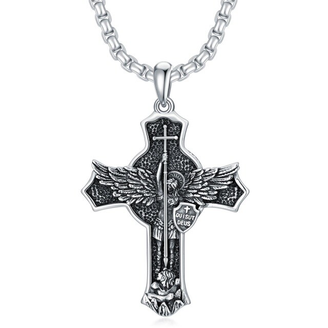 Sterling Silver Saint Michael & Shield Pendant Necklace for Men-0