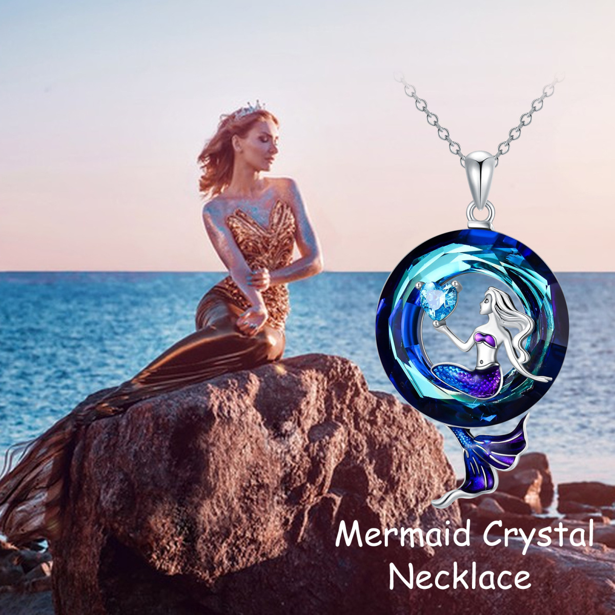 Sterling Silver Circular Shaped Crystal & Cubic Zirconia Mermaid Pendant Necklace-6