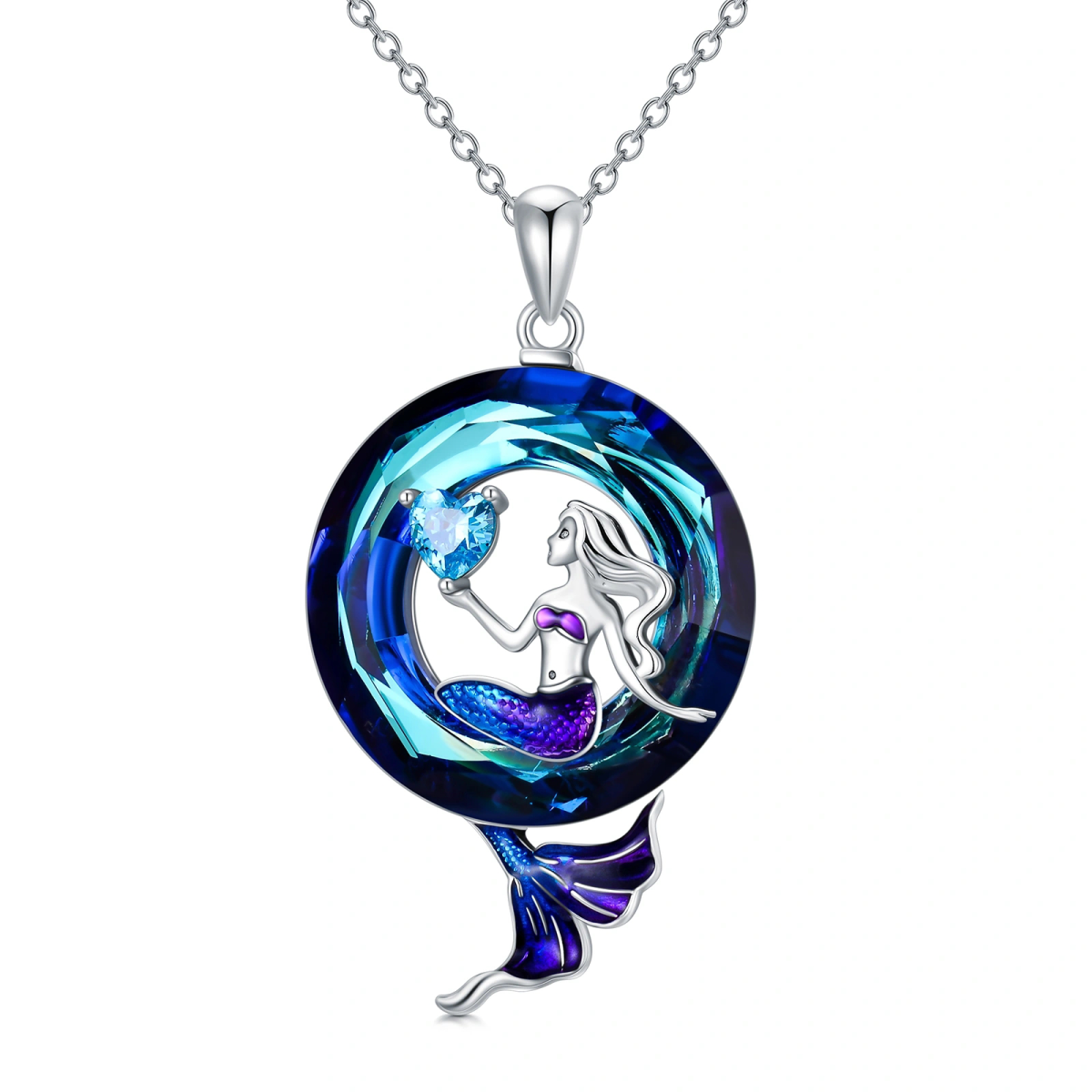 Sterling Silver Circular Shaped Crystal & Cubic Zirconia Mermaid Pendant Necklace-1