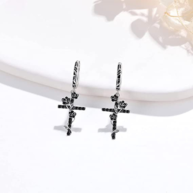 Sterling Silver Two-tone Rose & Cross Drop Earrings-5