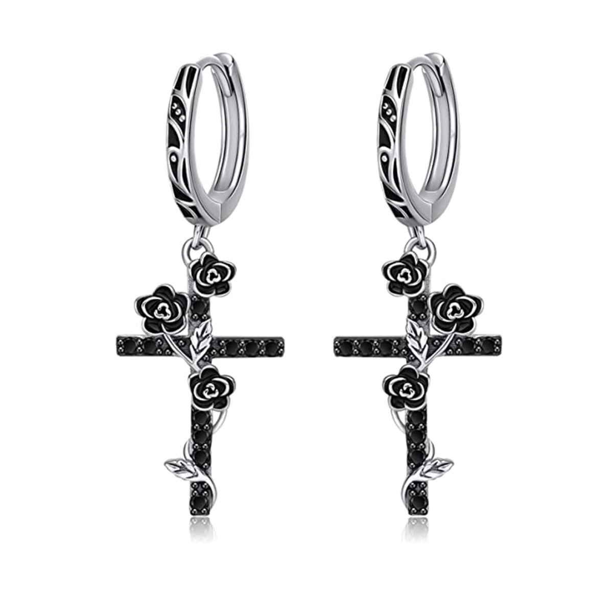 Sterling Silver Two-tone Rose & Cross Drop Earrings-1