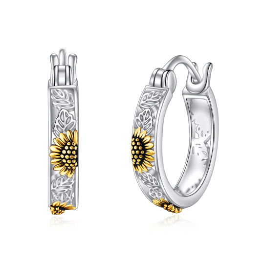 Sterling Silver Two-tone Leaves & Sunflower Hoop Earrings